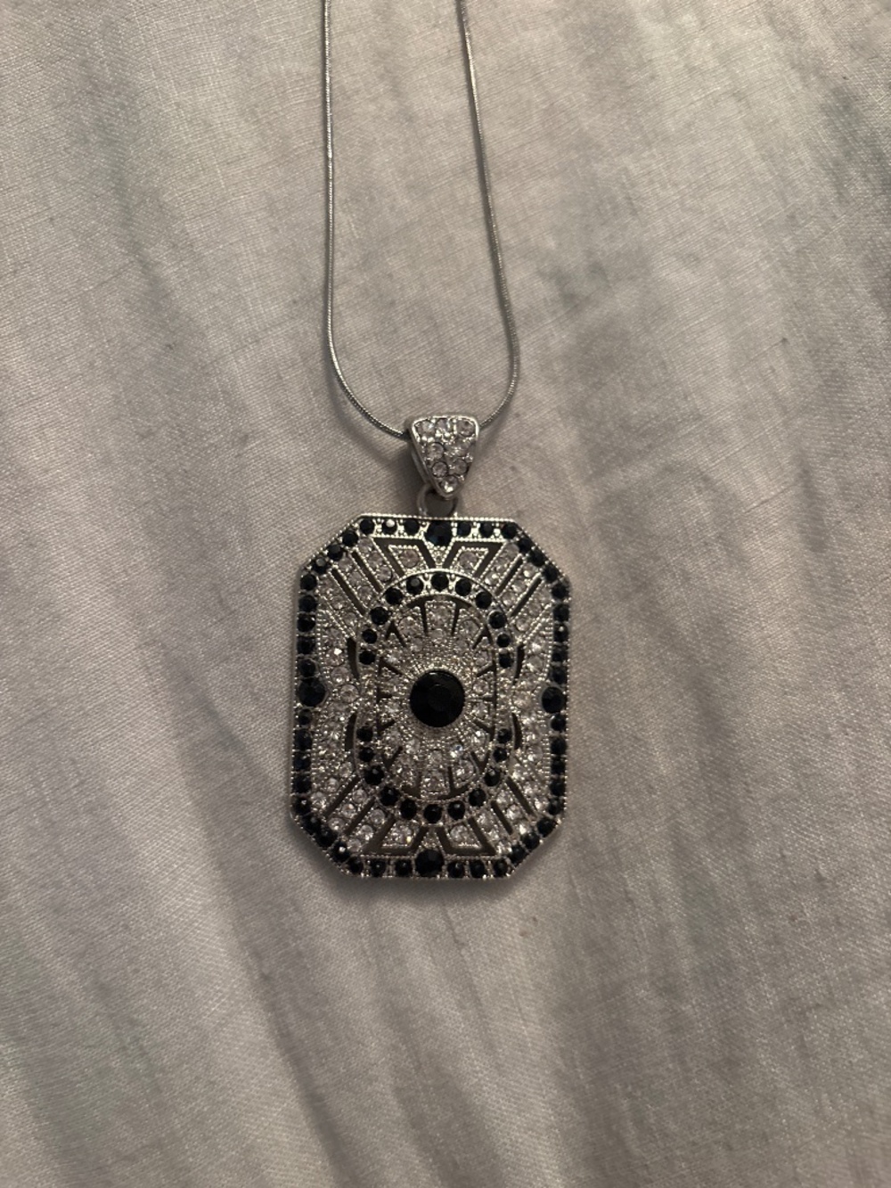 Deco pendant opera length silver necklace